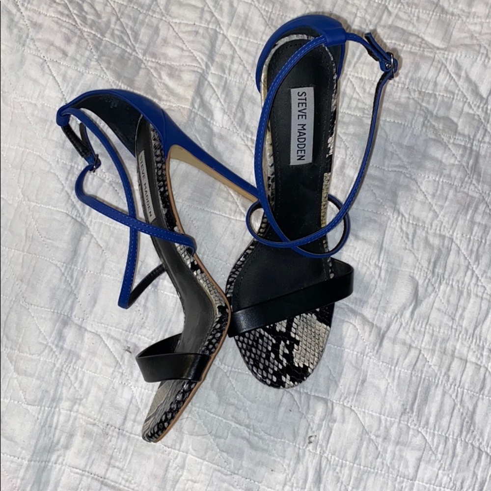 Steve Madden Black Blue Strappy Heels Snakeskin